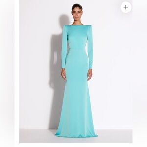 Long Sleeve open back gown satin crepe aquamarine Dress